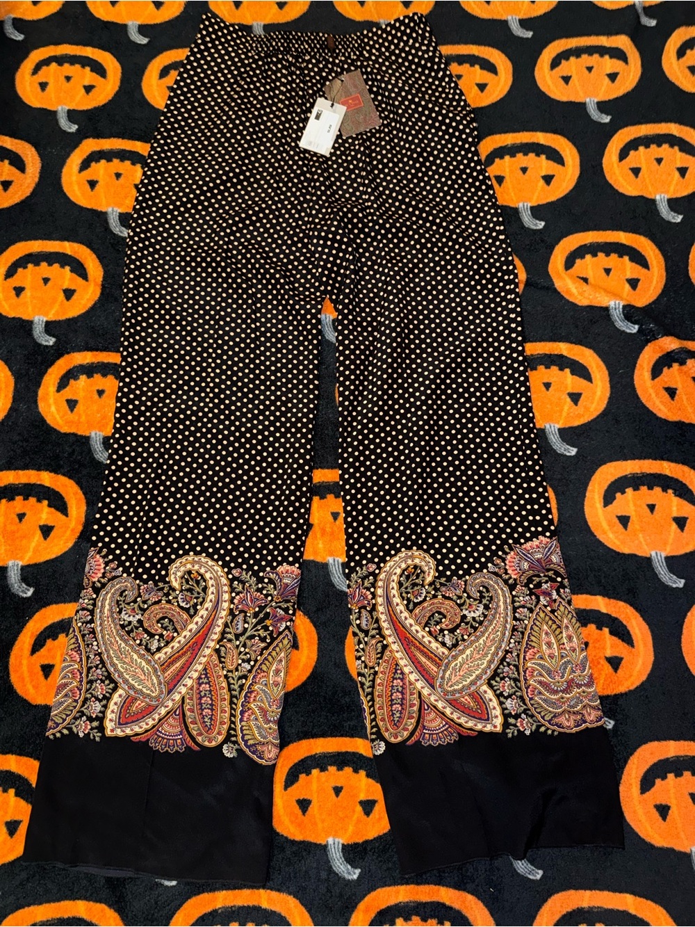 Womens Etro Black Paisley Dot Silk High-Waist Wide-Leg Pants Size 42 NWT